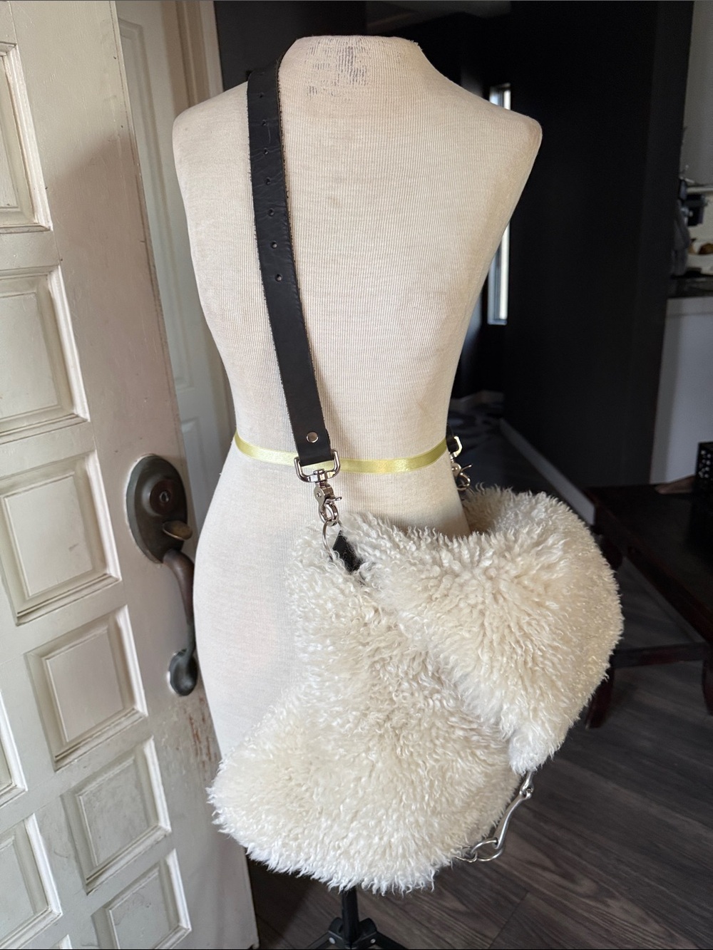 Genuine Sheepskin Shearling Crossbody Bag Oversized with a black Leather Strap - Picture 7 of 15